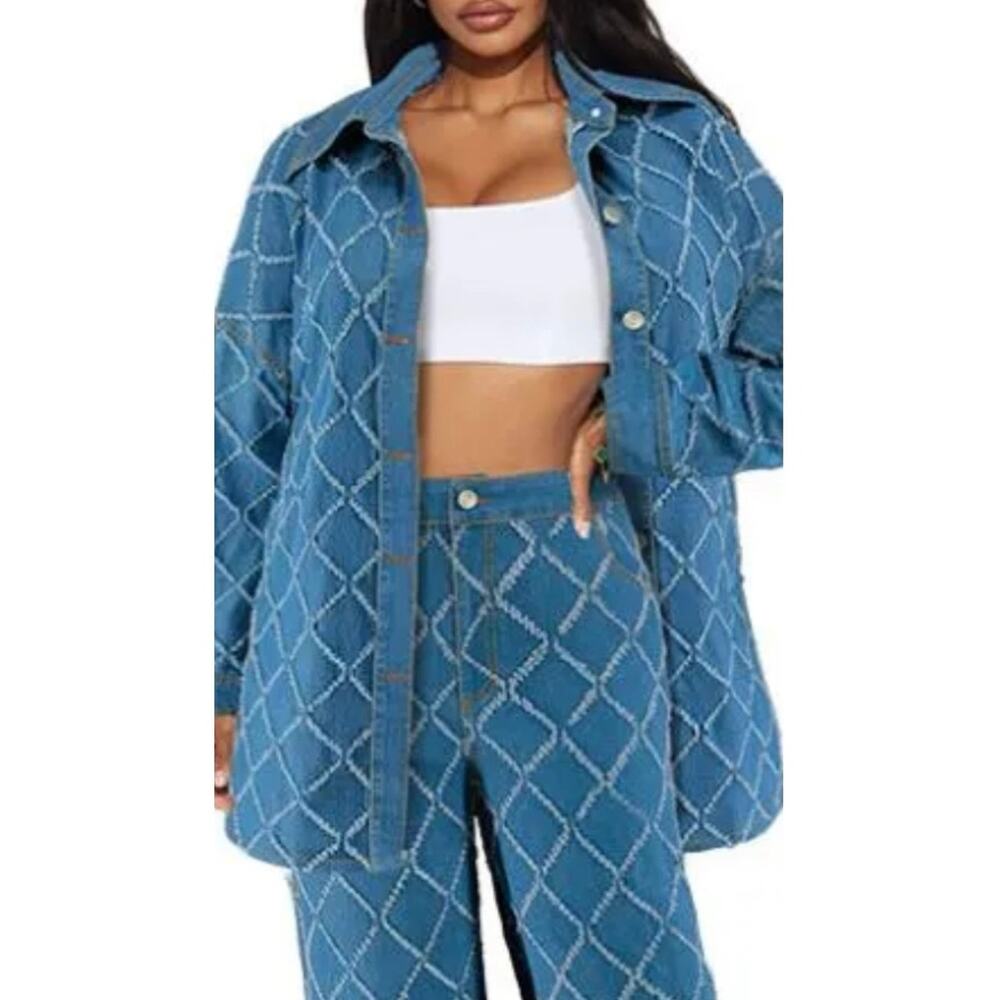 Denim 2-Piece Shirt and Pants Set Diamond Stitch Pattern with Frayed Edges